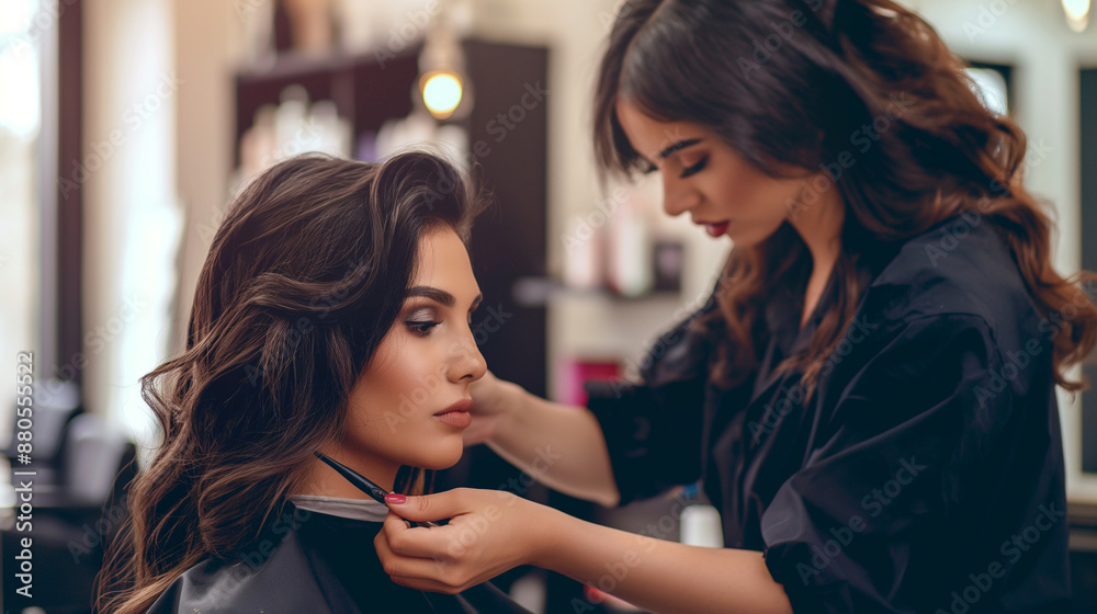 Female hairstylist working on beautiful woman hair Female hairstylist working on beautiful woman hair