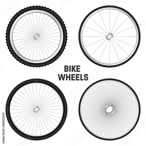 Realistic 3d bicycle wheels. Bike rubber tyres, shiny metal spokes and rims. Fitness cycle, touring, sport, road and mountain bike. Vector illustration