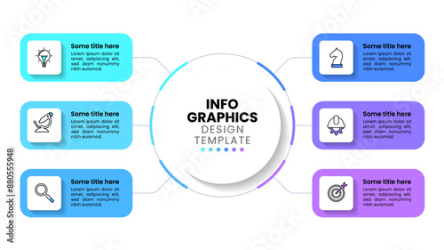 Infographic template. Circle in the middle connected to 6 steps