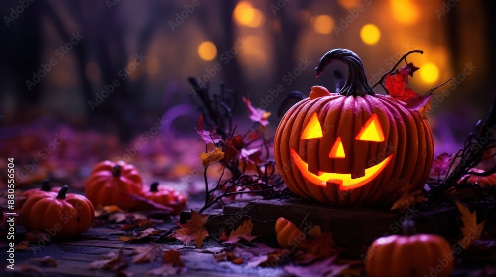 Fototapeta premium Halloween pumpkin and candles in spooky hallow decoration, purple light, spooky background with copy space.