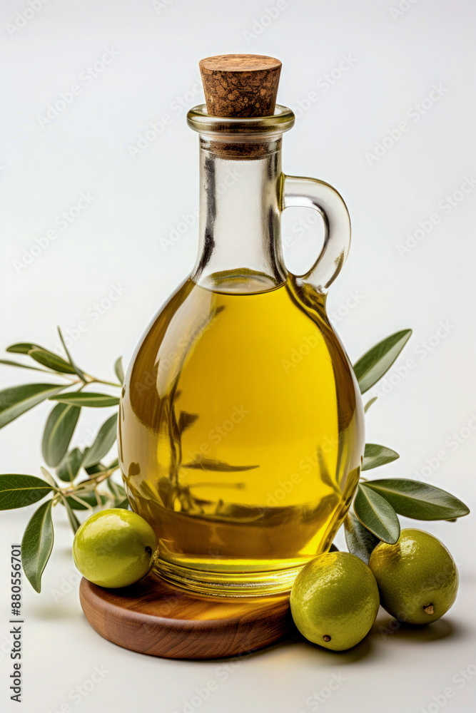 Glass bottle of olive oil with cork stopper