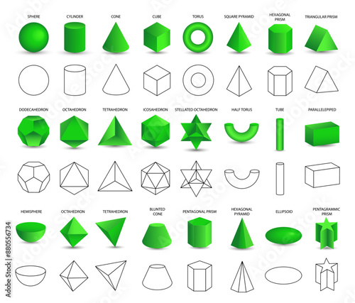 Set of vector realistic 3D green geometric shapes isolated on white background. Mathematics of geometric shapes, linear objects, contours. Platonic solid. Icons, logos for education, business, design