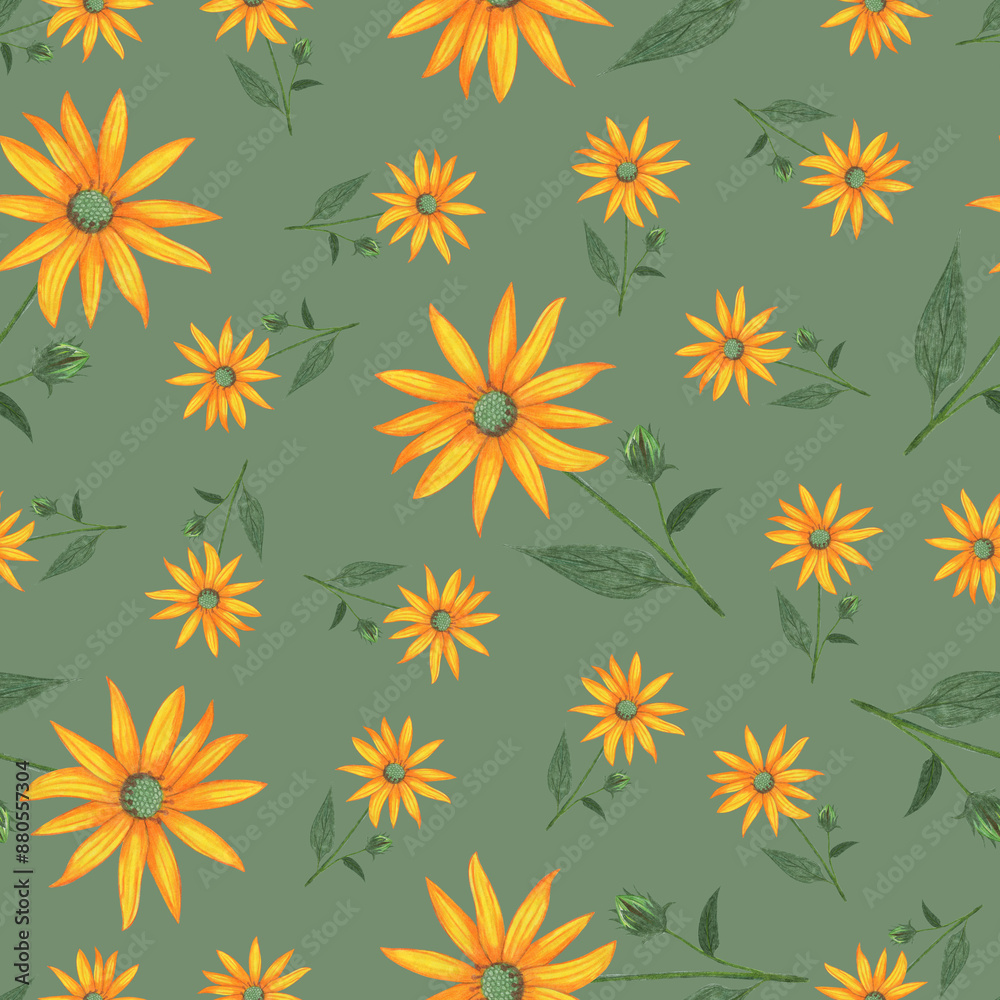 Topinambur Flower Seamless Pattern. Hand Drawn Floral Digital Paper on Green Background.