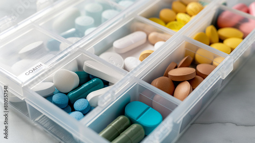 Pills organized in a daily pill organizer box with days of the week labeled