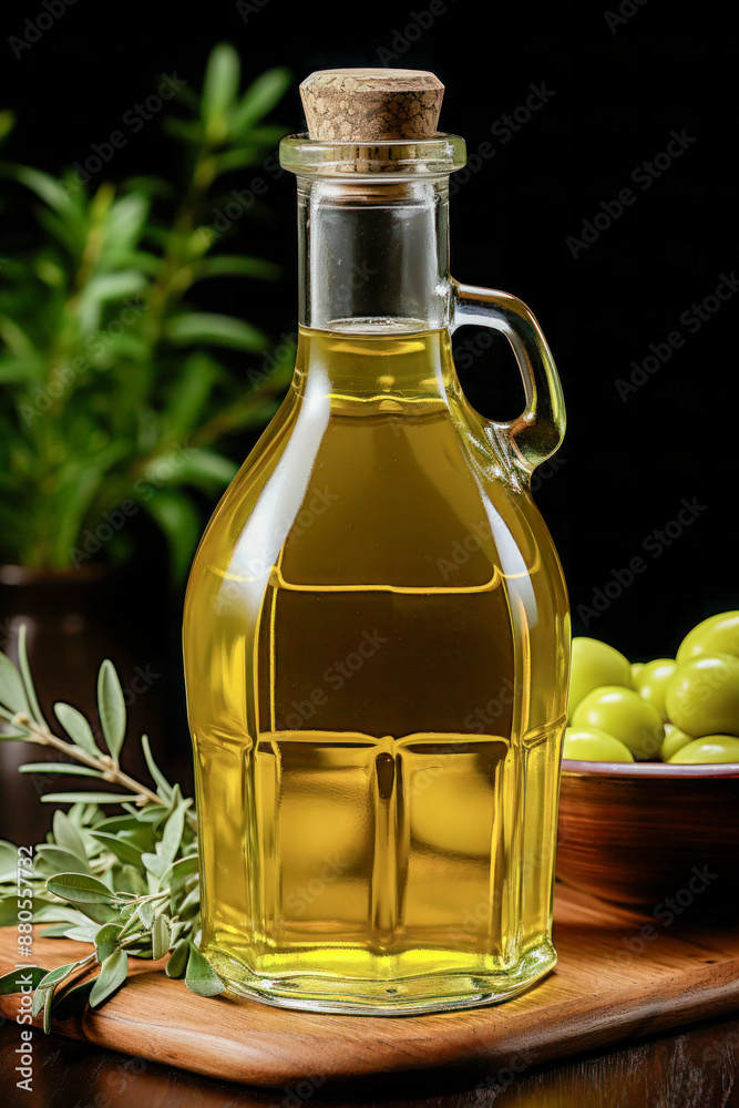 Glass bottle of olive oil with cork stopper Glass bottle of olive oil with cork stopper