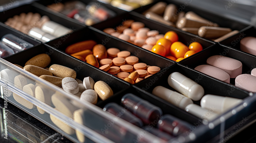 Pills organized in a daily pill organizer box with days of the week labeled Pills organized in a daily pill organizer box with days of the week labeled
