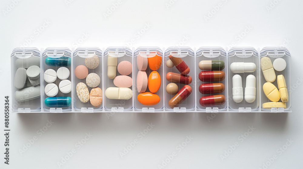 Pills organized in a daily pill organizer box with days of the week labeled