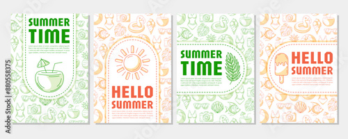 Set of summer beach vertical poster a4, vector orange and green modern minimalist design with seasonal line icons pattern. For banner, cover, notebook, card, invitation, advertising or planner