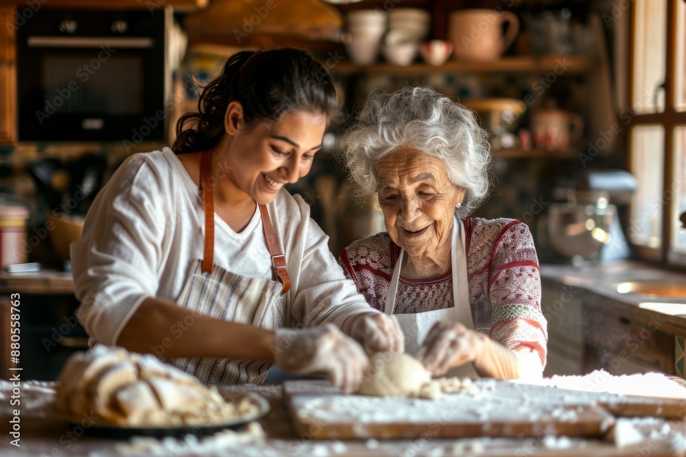 Make cookies at home. The friendly old Latina mother and daughter-in-law wore kitchen aprons, kneaded dough at the table, chatted together and enjoyed cooking. A caring adult child helps an elderly mo Make cookies at home. The friendly old Latina mother and daughter-in-law wore kitchen aprons, kneaded dough at the table, chatted together and enjoyed cooking. A caring adult child helps an elderly mo
