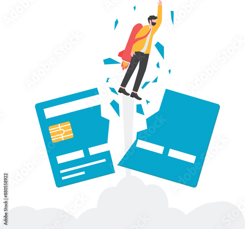 Businessman rushed to the sky and smashed credit card, business concept, vector illustration

