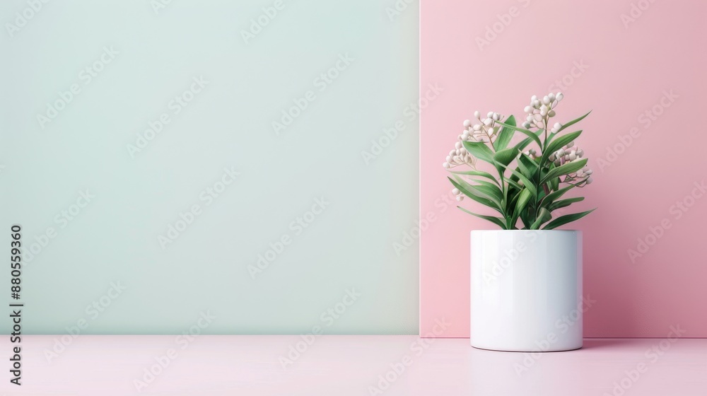 Minimalist white pot with a green plant against dual-toned pastel pink and mint green background, showcasing modern interior decor aesthetics. Minimalist white pot with a green plant against dual-toned pastel pink and mint green background, showcasing modern interior decor aesthetics.