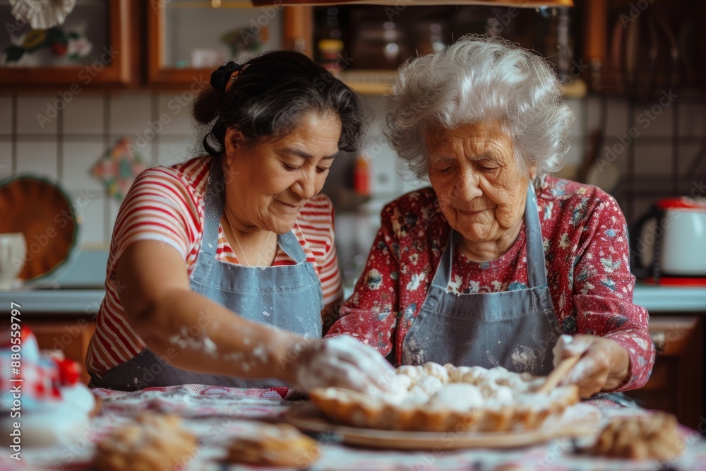 Make cookies at home. The friendly old Latina mother and daughter-in-law wore kitchen aprons, kneaded dough at the table, chatted together and enjoyed cooking. A caring adult child helps an elderly mo Make cookies at home. The friendly old Latina mother and daughter-in-law wore kitchen aprons, kneaded dough at the table, chatted together and enjoyed cooking. A caring adult child helps an elderly mo