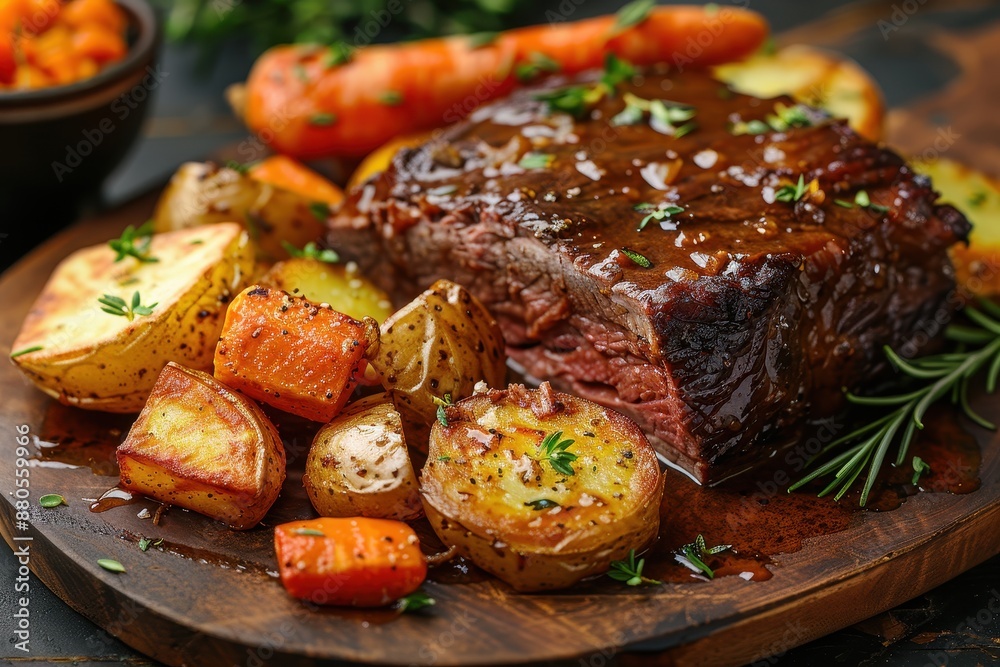A serving of roast beef with Yorkshire puddings, roasted potatoes, carrots, and parsnips, drizzled with rich gravy. A serving of roast beef with Yorkshire puddings, roasted potatoes, carrots, and parsnips, drizzled with rich gravy.