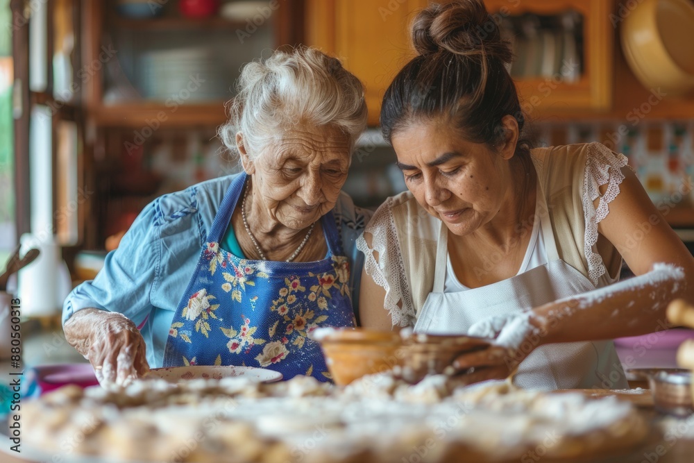 Make cookies at home. The friendly old Latina mother and daughter-in-law wore kitchen aprons, kneaded dough at the table, chatted together and enjoyed cooking. A caring adult child helps an elderly mo Make cookies at home. The friendly old Latina mother and daughter-in-law wore kitchen aprons, kneaded dough at the table, chatted together and enjoyed cooking. A caring adult child helps an elderly mo