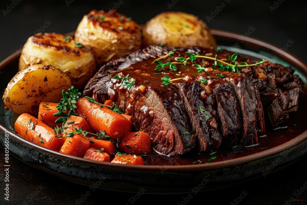 A serving of roast beef with Yorkshire puddings, roasted potatoes, carrots, and parsnips, drizzled with rich gravy. A serving of roast beef with Yorkshire puddings, roasted potatoes, carrots, and parsnips, drizzled with rich gravy.