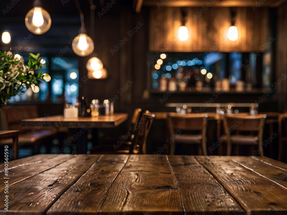 Wooden table top on blur coffe shop background Wooden table top on blur coffe shop background