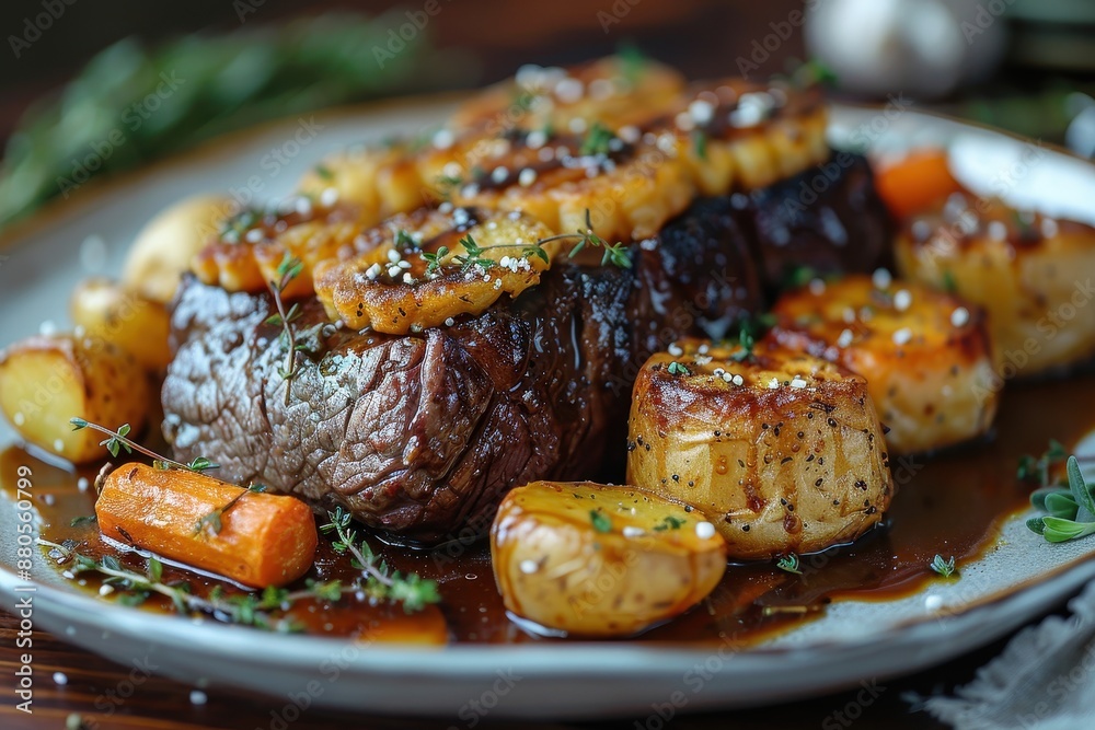 A serving of roast beef with Yorkshire puddings, roasted potatoes, carrots, and parsnips, drizzled with rich gravy.