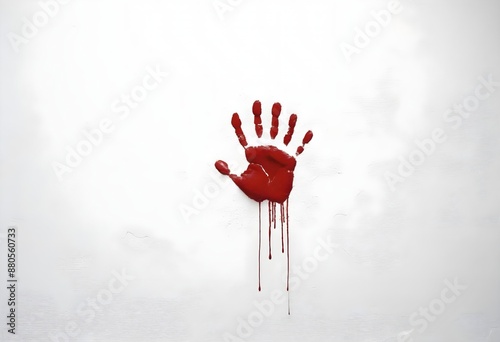 a bloody hand with blood dripping down the bottom of it painted on the white wall