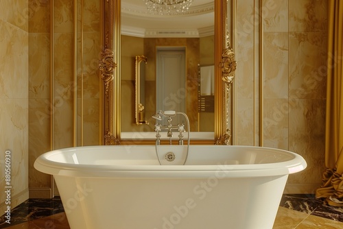 A straight-on view of a luxurious bathroom with a white bathtub against a golden background, featuring a large, ornate mirror framed in gold directly above, reflecting the elegance of the room. photo