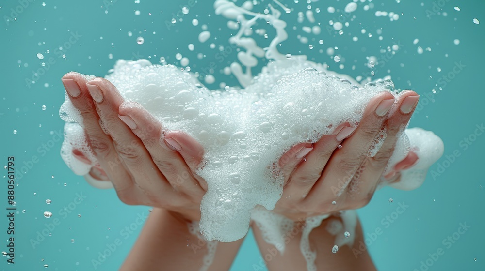 hands washing a white woollen fabric with a dense foam against a powder blue background hands washing a white woollen fabric with a dense foam against a powder blue background