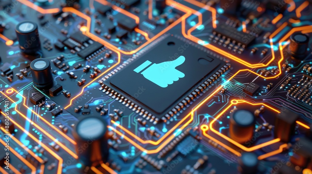 Social Media Technology Concept: Microchip with Like Symbol on Futuristic Motherboard Social Media Technology Concept: Microchip with Like Symbol on Futuristic Motherboard