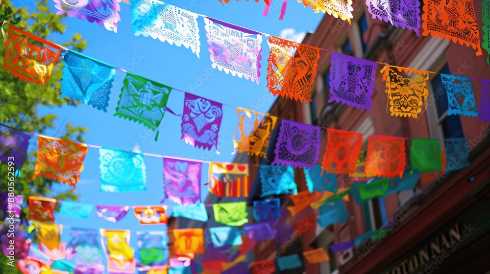 Fototapeta premium Colorful paper flags of various shapes and sizes hang across the street, adorned with different designs. Buildings line the street under a blue sky