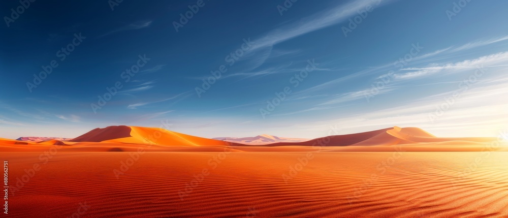 Panoramic view of a stunning desert landscape with orange sand dunes under a clear blue sky during sunset. Panoramic view of a stunning desert landscape with orange sand dunes under a clear blue sky during sunset.