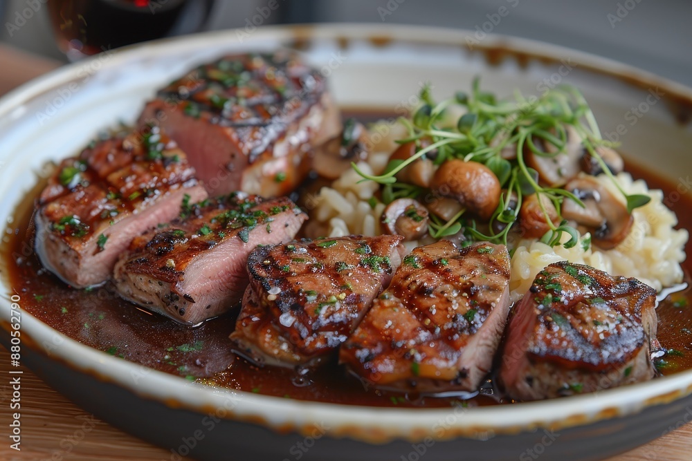 A serving of seared duck breast, presented with a side of wild mushroom risotto and a port wine reduction. A serving of seared duck breast, presented with a side of wild mushroom risotto and a port wine reduction.