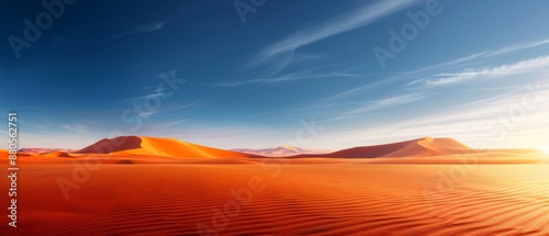 Panoramic view of a stunning desert landscape with orange sand dunes under a clear blue sky during sunset.