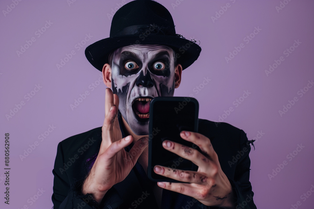 Shocked Man in Halloween Make-Up and Costume Reacting to Smartphone Shocked Man in Halloween Make-Up and Costume Reacting to Smartphone