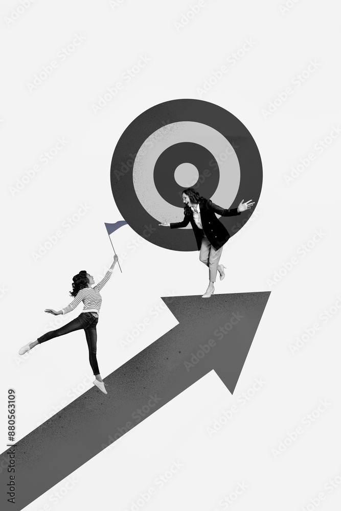 Vertical photo collage of two happy old young businesswoman receive promotion arrow career development worker isolated on painted background Vertical photo collage of two happy old young businesswoman receive promotion arrow career development worker isolated on painted background