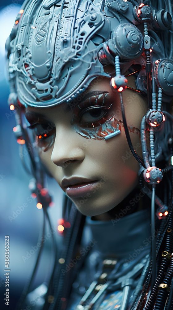Contemporary Futuristic Modern Women Portrait With Digital Make Up Blurry Background Contemporary Futuristic Modern Women Portrait With Digital Make Up Blurry Background