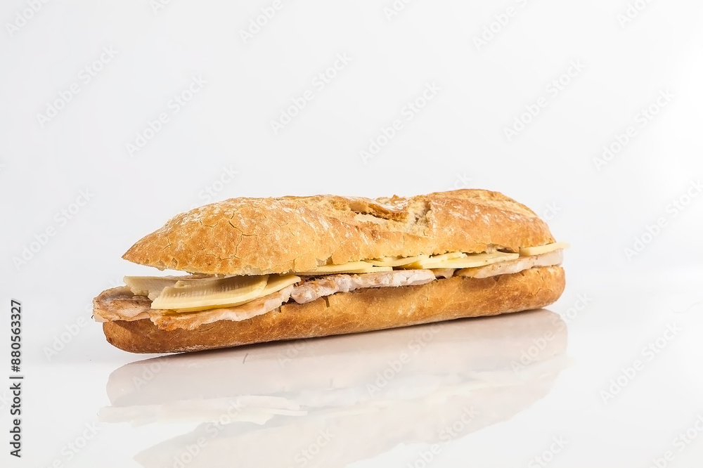 Pork tenderloin sandwich with cheese on white background Pork tenderloin sandwich with cheese on white background