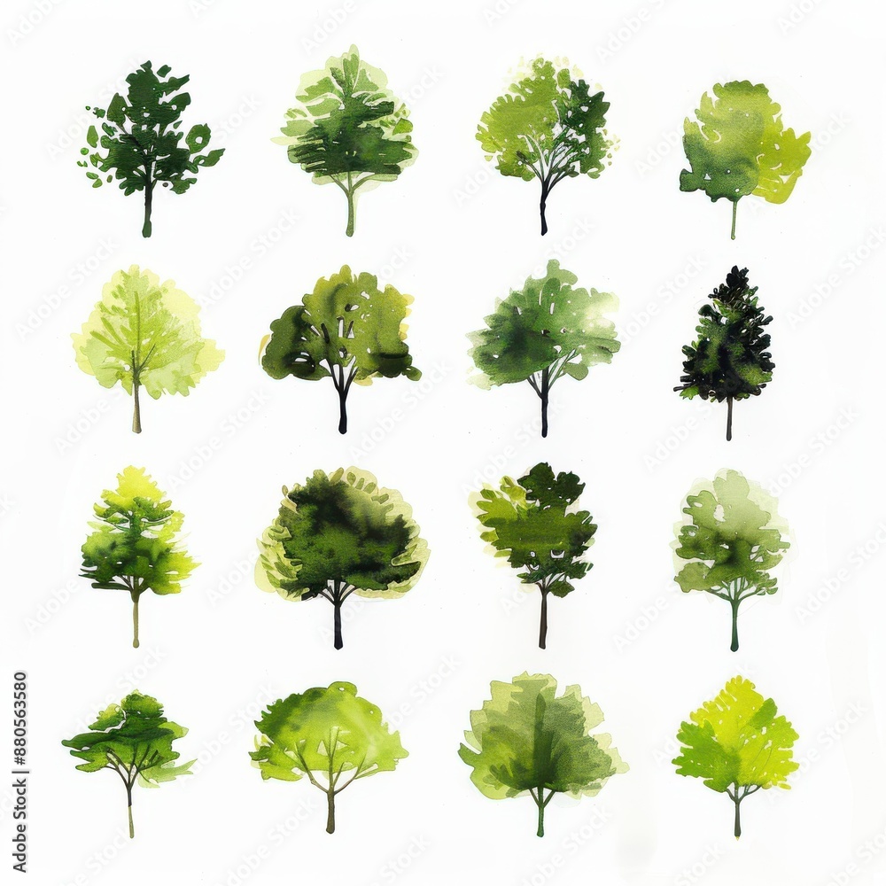 Fototapeta premium A collection of green trees watercolor