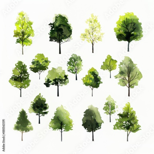 A collection of green trees watercolor