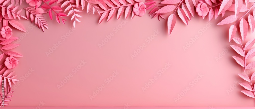 Pink floral background with paper flowers and leaves, perfect for greeting cards, invitations, or decorative designs. Pink floral background with paper flowers and leaves, perfect for greeting cards, invitations, or decorative designs.