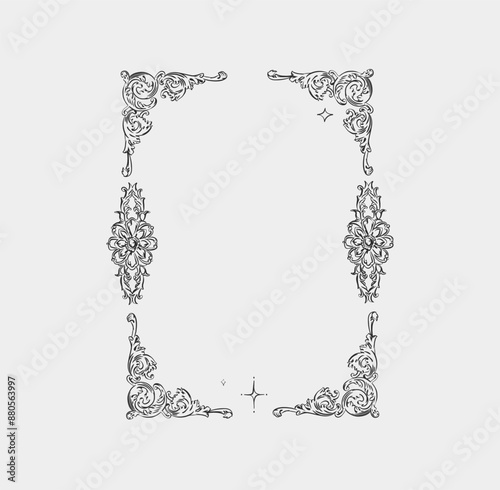 Hand drawn vector abstract outline,graphic,line vintage baroque ornament floral frame in calligraphic elegant modern style.Baroque floral vintage outline design concept.Vector antique frame isolated.