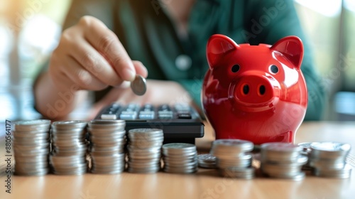 The Red Piggy Bank and Coins photo