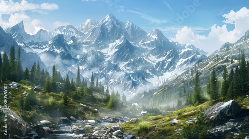 A scenic mountain landscape with snow-capped peaks and a clear sky.