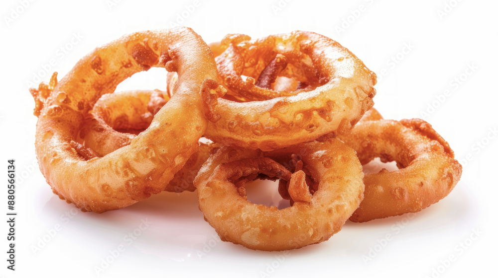 Crispy golden onion rings on white background Crispy golden onion rings on white background