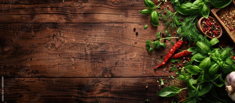 Wooden table with assorted spices for cooking including pepper dill and parsley creating an inviting scene with copy space image included Wooden table with assorted spices for cooking including pepper dill and parsley creating an inviting scene with copy space image included