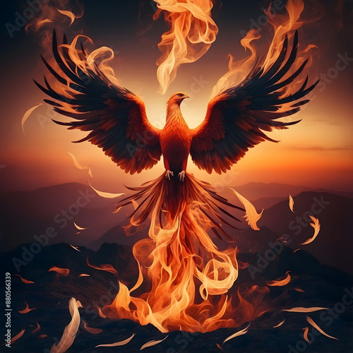 a phoenix bird is flying in the air with flames