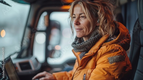 A woman, wearing a yellow coat, sits in a truck's cabin using a laptop, her focused expression highlighting an intense engagement with her work, portraying modern-day multitasking. © Maximages 