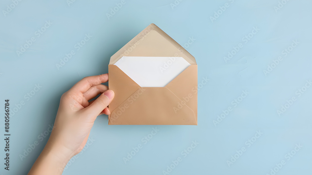 A person holds an envelope, inside of which lies a single sheet of paper, sandwiched between two layers. A person holds an envelope, inside of which lies a single sheet of paper, sandwiched between two layers.
