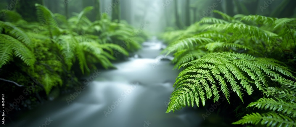 Serene forest stream flowing through lush green ferns, creating a tranquil and refreshing natural landscape. Serene forest stream flowing through lush green ferns, creating a tranquil and refreshing natural landscape.