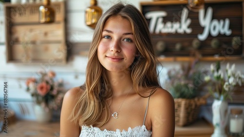 Portrait of a Young Woman with a Thank You Sign in the Background
