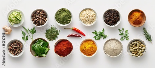 Fototapeta Naklejka Na Ścianę i Meble -  A variety of Indian spices and herbs like chili turmeric oregano and others are neatly arranged on a white surface from a top view providing ample space for incorporating food vegetables spices or ot