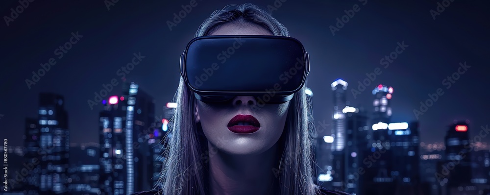 a woman wearing vr against the background of city night buildings a woman wearing vr against the background of city night buildings
