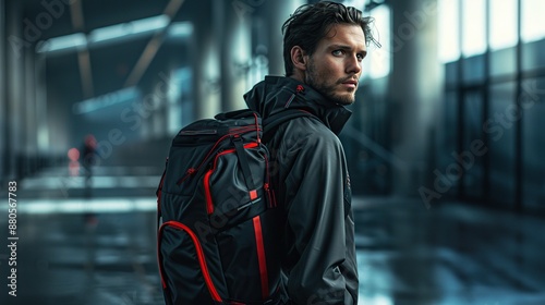 Man with Backpack in Urban Environment