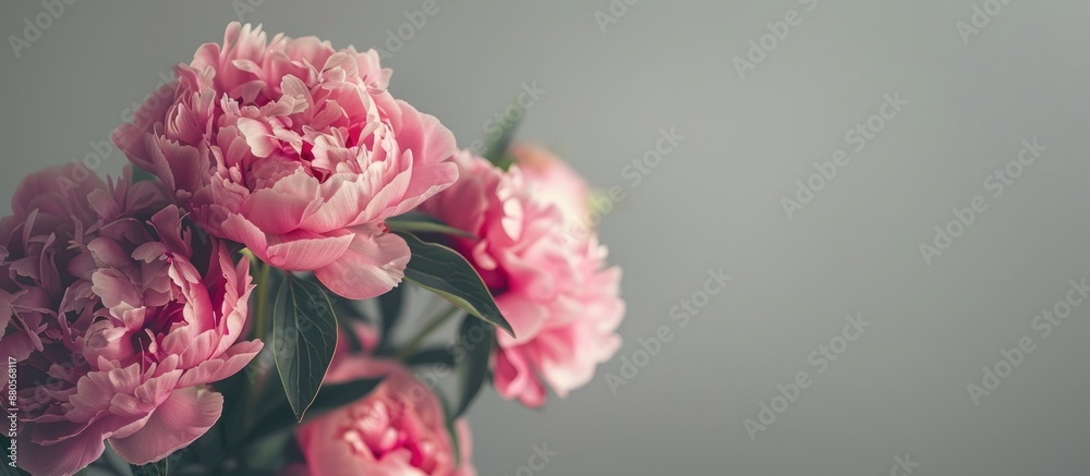 Close up of a gorgeous cluster of blooming pink peonies against a gray backdrop with room for text or images. copy space available Close up of a gorgeous cluster of blooming pink peonies against a gray backdrop with room for text or images. copy space available